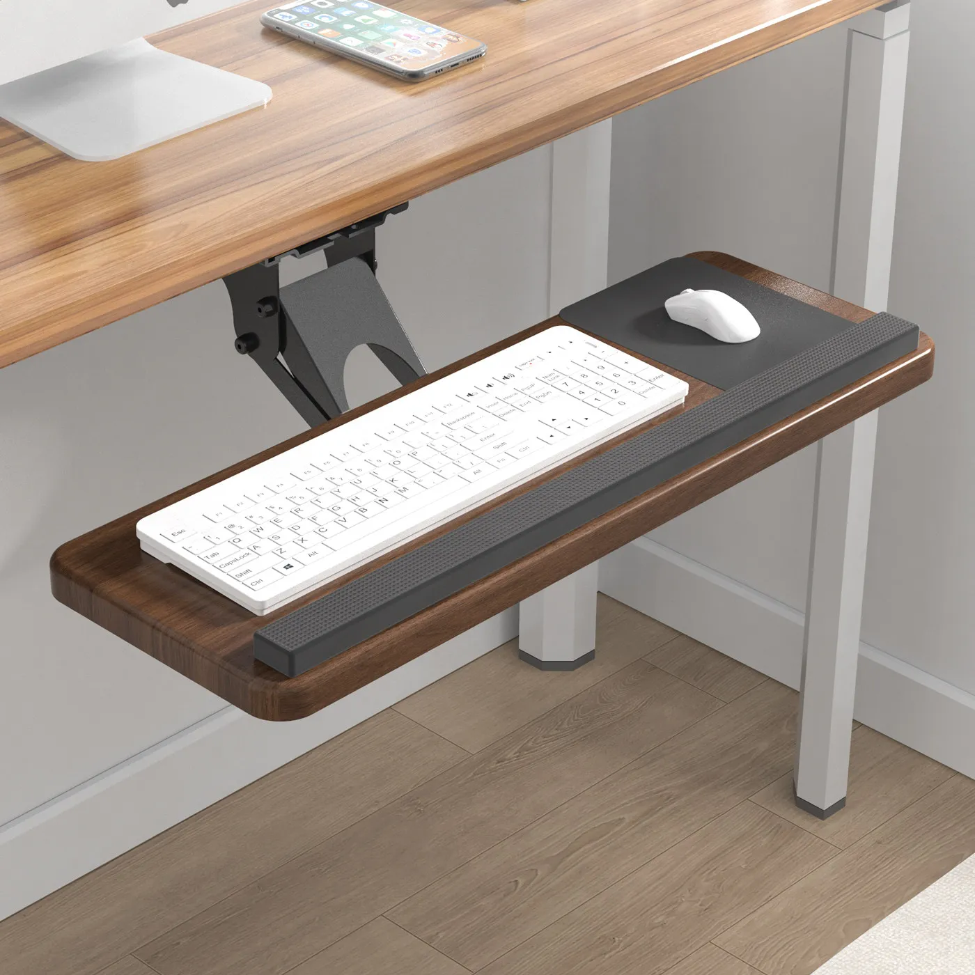 Keyboard Drawer Under - ถาดวางคีย์บอร์ดใต้โต๊ะ, รางลิ้นชักเลื่อนปรับระดับได้, พร้อมชั้นวางเมาส์สำหรับโต๊ะคอมพิวเตอร์, โครงเหล็กสีดำตามหลักสรีรศาสตร์