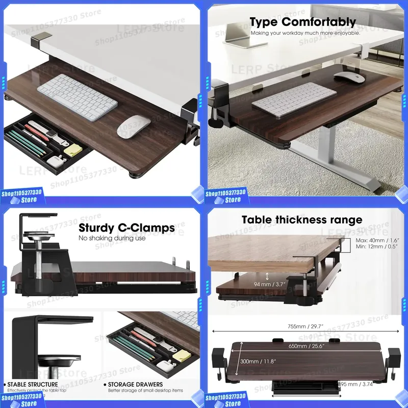 Keyboard Drawer Under - ถาดวางคีย์บอร์ดและเมาส์แบบเลื่อนได้ ติดตั้งใต้โต๊ะ แบบหนีบ รุ่น C สำหรับคอมพิวเตอร์