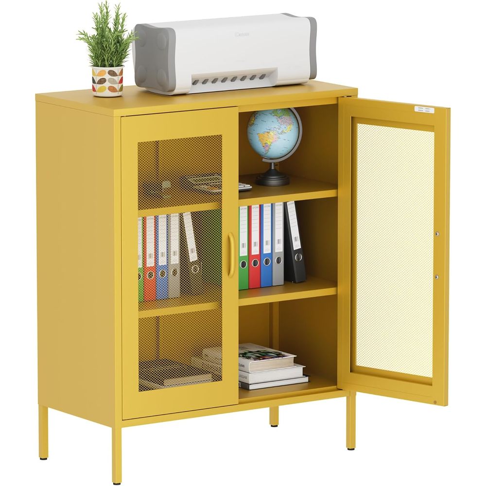 Office Storage Cabinet - ตู้เก็บของโลหะแบบตาข่ายพร้อมชั้นวางปรับระดับได้สำหรับบ้านหรือสำนักงาน สูง 40 ซม. สีเหลือง