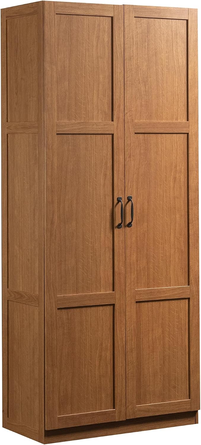 Office Storage Cabinet - ตู้เก็บของทรงสูง, ตู้เก็บของในครัวแบบตั้งพื้นพร้อมชั้นวางปรับได้สี่ชั้น, เฟอร์นิเจอร์อเนกประสงค์สำหรับห้องซักรีด โฮมออฟฟิศ โรงรถ, สีไม้โอ๊คไฮแลนด์สไตล์เรโทร