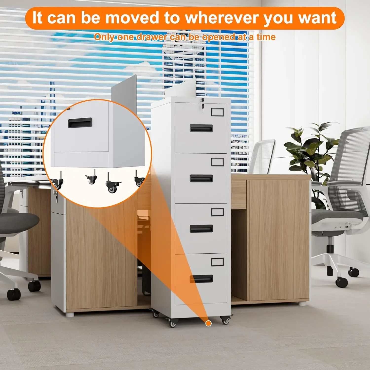 Office Furniture Names - ตู้เก็บเอกสาร 4 ลิ้นชักพร้อมล้อเลื่อน, ตู้เก็บเอกสารโลหะแบบล็อคได้พร้อมมือจับและป้ายชื่อสำหรับสำนักงานและบ้าน, ต้องประกอบเอง, สีขาว